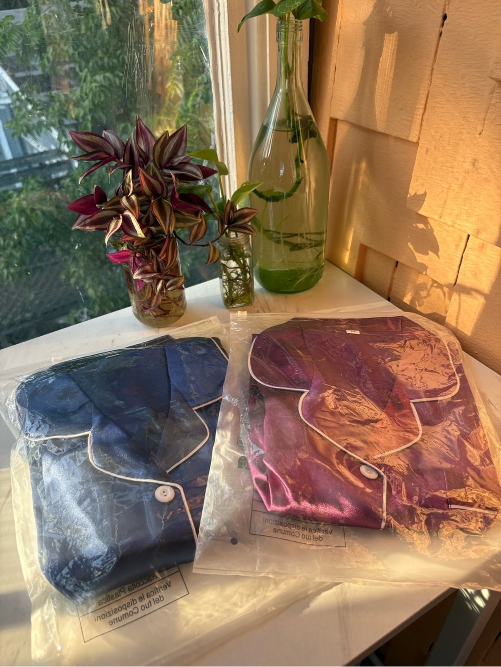Silky Heart-Collar Pajama Set Duo in Deep Blue & Magenta